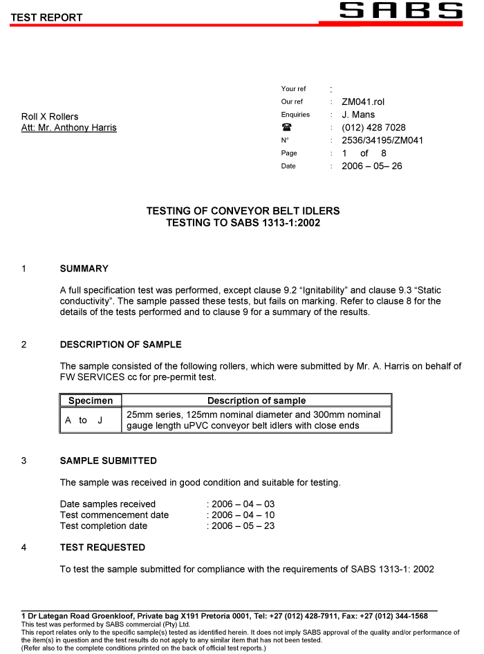 SABS Approved Idler Rollers Test Report : AP Design